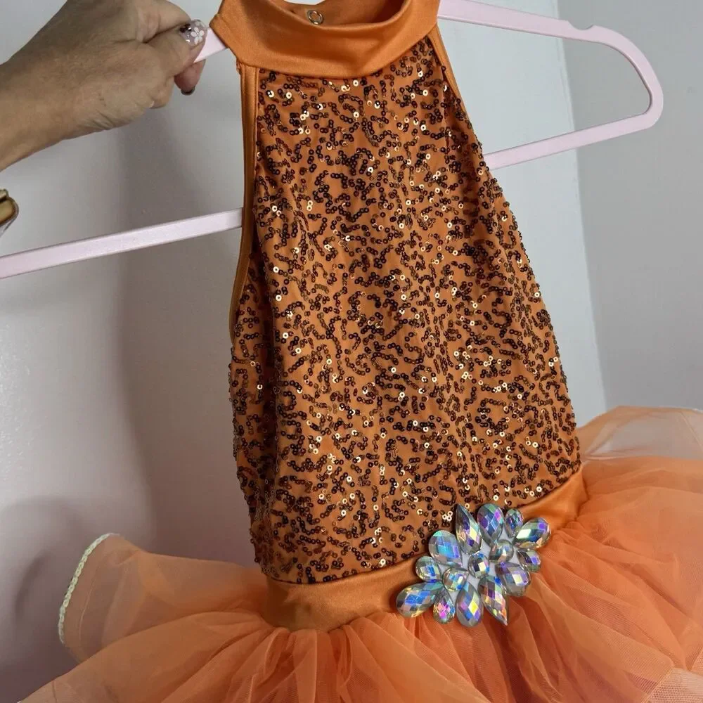 Weissman Orange Dance Costume IC Lets Fly Sequins Jewel Curly Hem Tricot Skirt